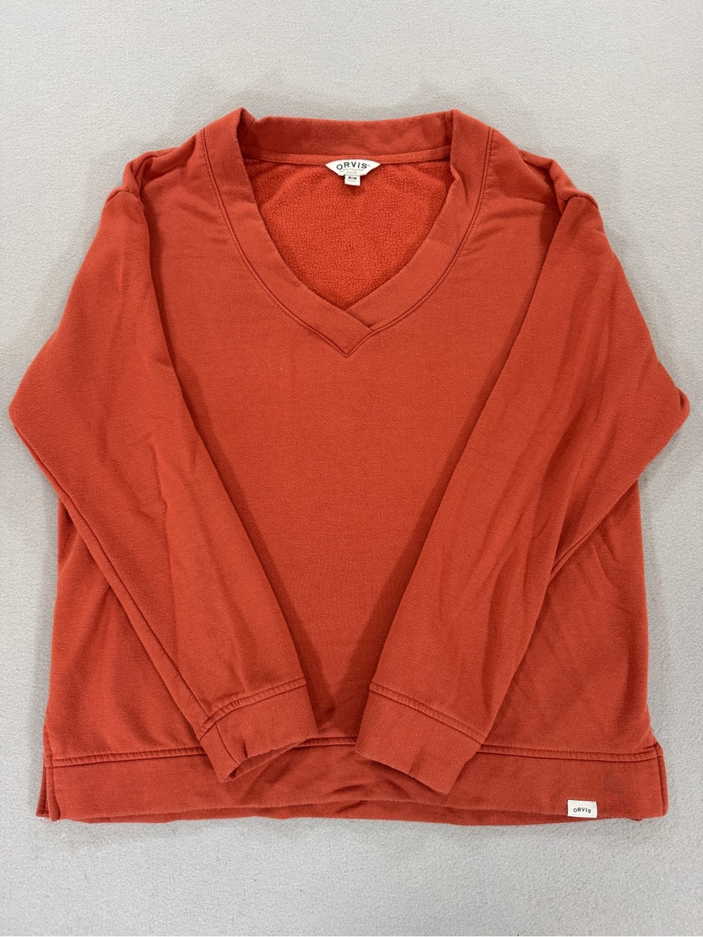 Orvis V-Neck Fleece Lined Pullover Sweatshirt Womens Medium Burnt Orange